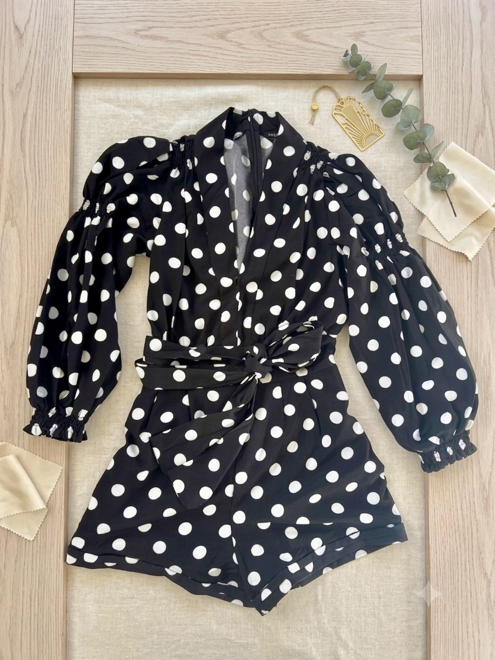 Black Polka Dot Puff-Sleeve Romper with Waist Tie
